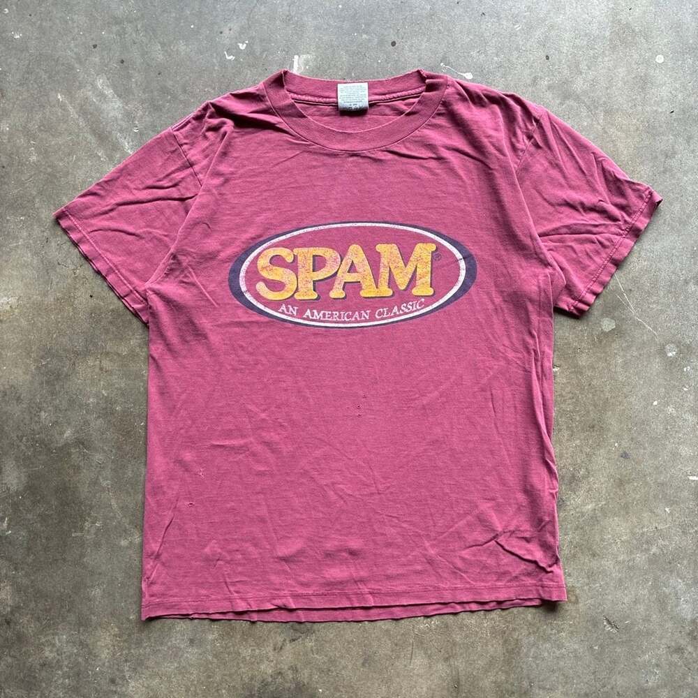 Vintage 1990’s Gildan Heavyweight Spam Classic Graphic T-Shirt Burgundy Large